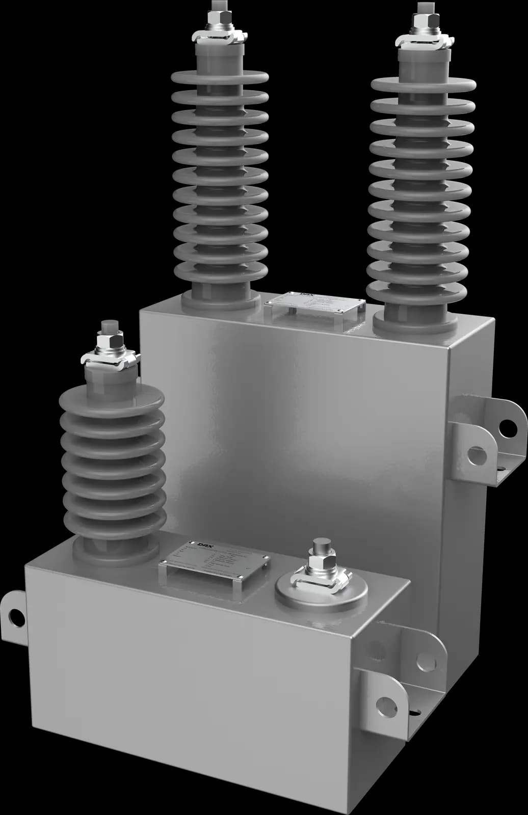 Capacitores DAX de média tensão — unidade de potência em derivação e unidade de surto, tanques em aço inox e buchas de porcelana