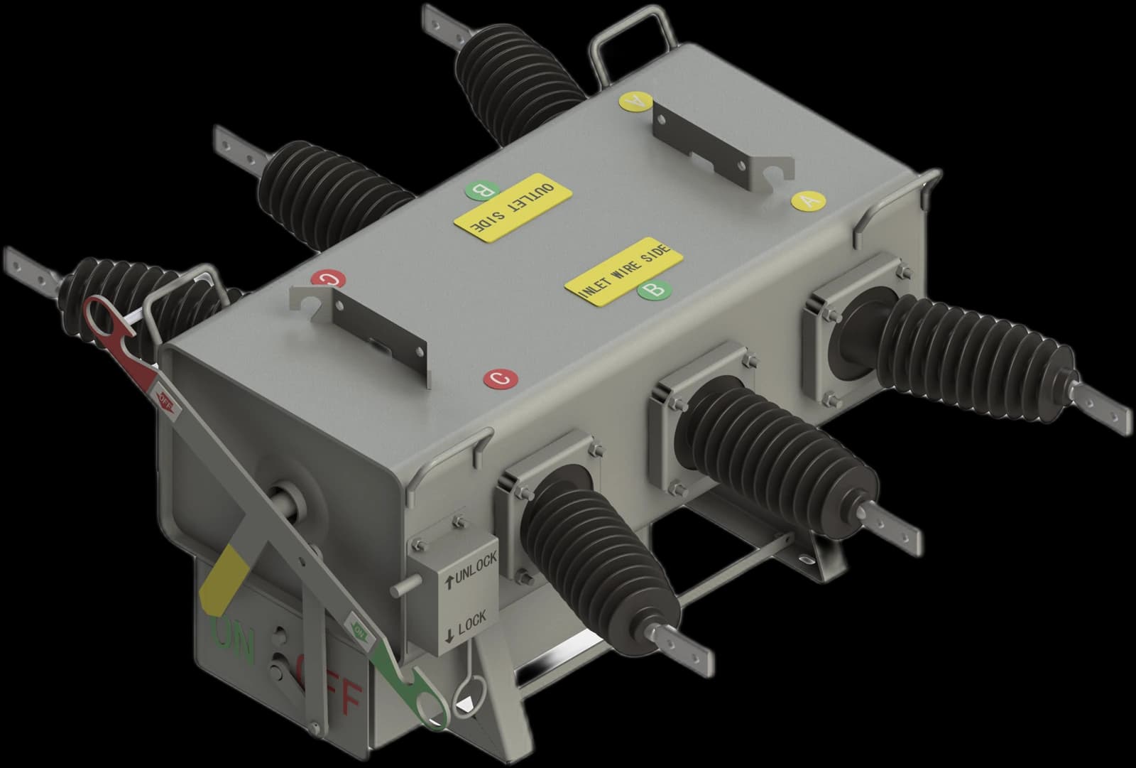 Chave tripolar sob carga a SF6 DAX: tanque de aço inox com seis buchas poliméricas, alavanca de manobra ON/OFF com bloqueio, etiquetas de fase A, B e C e lados de entrada e saída identificados