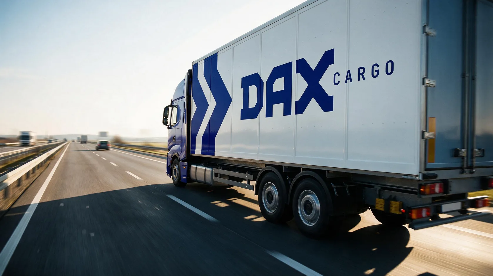 Caminhão da frota DAX Cargo transportando equipamento elétrico em rodovia.
